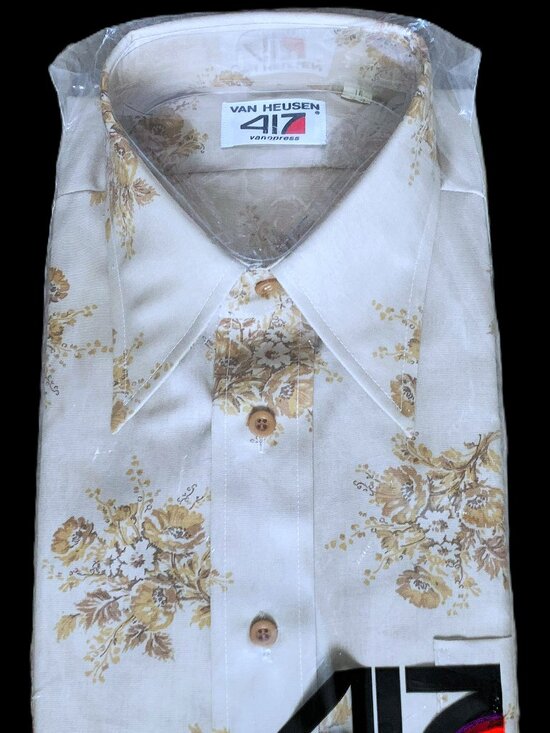 Van Heusen Other - 1970 Van Huesen Vanopress 417 Men's 16/33 Shirt Gold-Tan Floral Disco Cowboy NOS